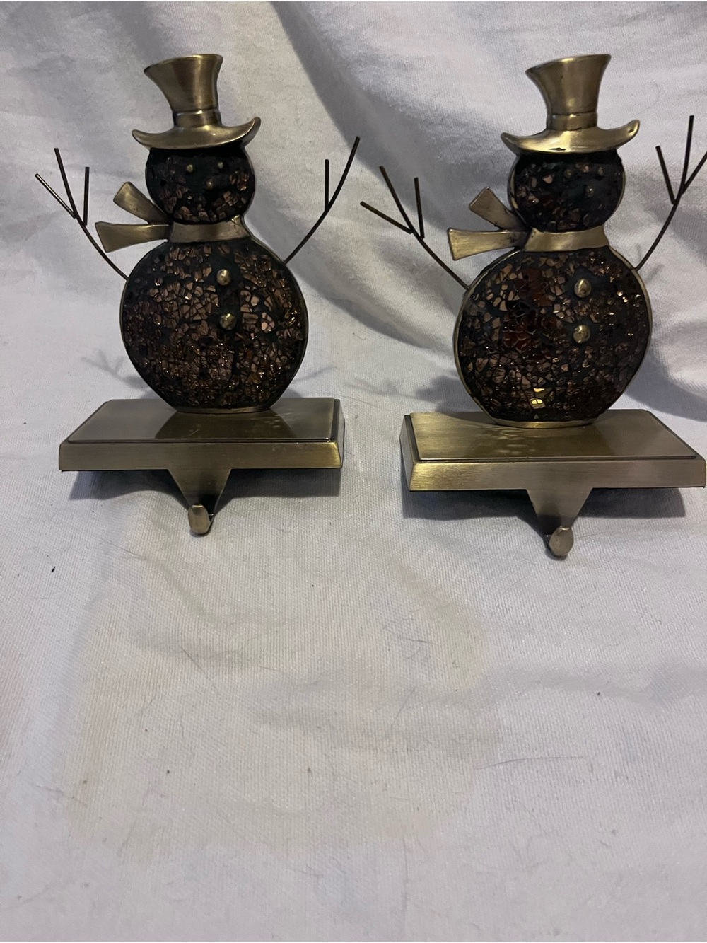 Bronze Mosaic Snowman Bookends - Decorative Brown Accent Stocking hangers